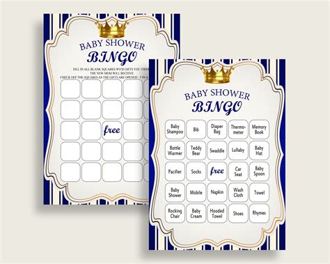 Royal Prince Baby Shower Bingo Cards Printable Blue Gold Baby