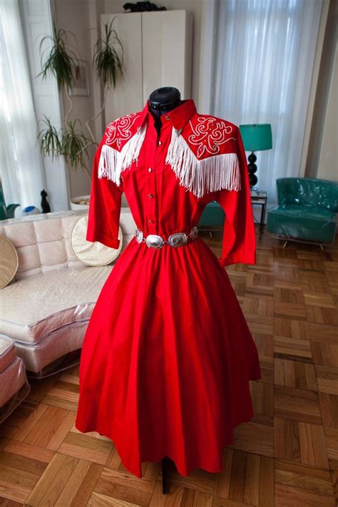 Vintage Cowgirl Western Studded Fringe Dress in Lipstick Red