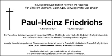 Traueranzeigen Von Paul Heinz Friedrichs Trauer Nn De