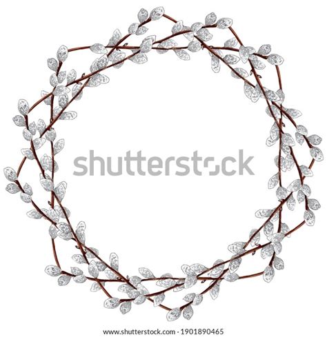 Watercolor Pussy Willow Wreath Isolated On Stock Illustration