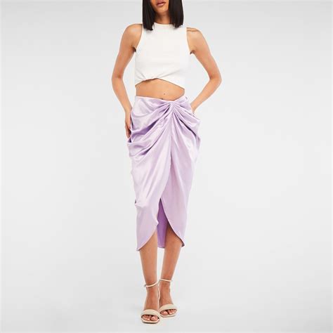 Missguided Satin Pleated Ruched Midi Skirt Lilac