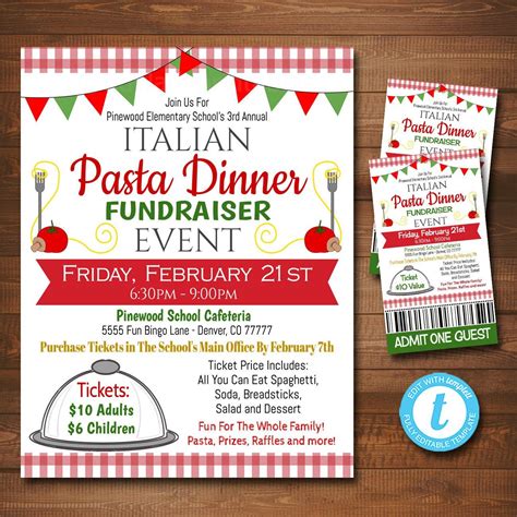 Editable Spaghetti Dinner Fundraiser Flyer Ticket Set Pto Etsy