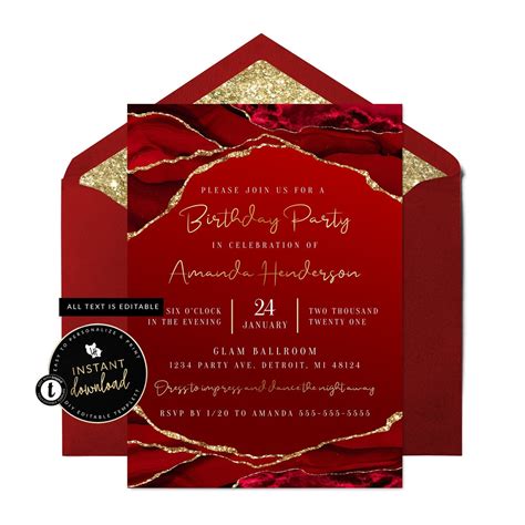 Red and Gold Invitation, Red and Gold Agate Invitation, Red and Gold ...