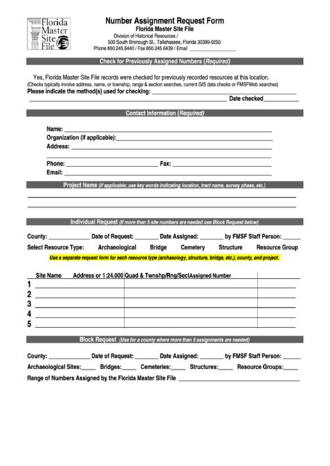 Fillable Number Assignment Request Form Florida Master Site File