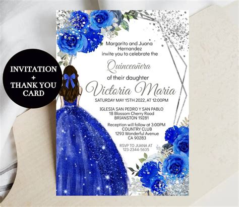 Editable Quinceañera Invitation Royal Blue Silver Diy Template Edit Princess Dress Xv Mis