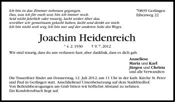 Traueranzeigen Von Joachim Heidenreich Stuttgart Gedenkt De