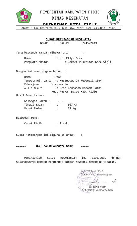 Doc Surat Keterangan Kesehatan Dokumen Tips