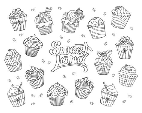 Set Of Hand Drawn Cupcakes And Lettering Sweet Land Linear Food Icons