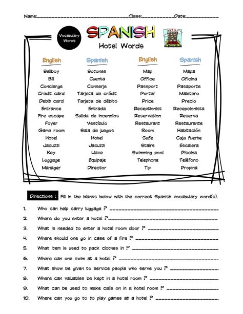 Spanish Hotel Vocabulary Word List Worksheet & Answer Key | Made By Teachers