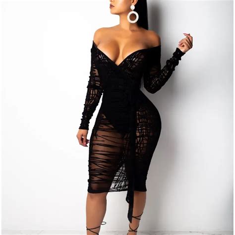 Plus Size Bodycon Party Dress Women Elegant Long Sleeve Black Mesh Sexy