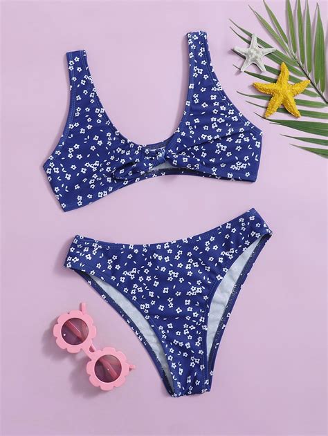 Girls Ditsy Floral Knot Front Bikini Swimsuit Bikinis Swimsuits