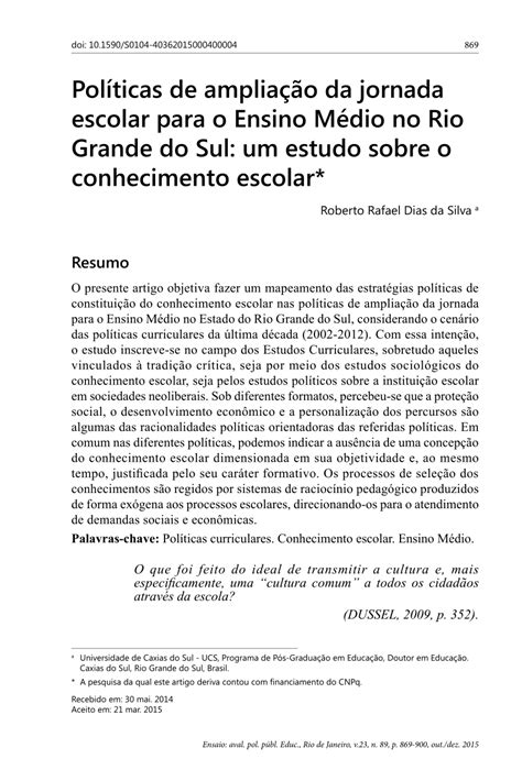 Pdf Pol Ticas De Amplia O Da Jornada Escolar Para O Ensino M Dio No