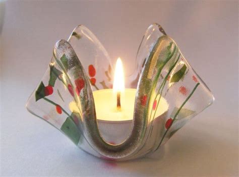 Fused Glass Tealight Holder Christmas Colours Holly Etsy Uk Fused Glass Candle Holder Glass