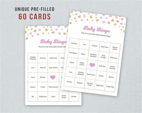 60 Baby Bingo Cards Printable Prefilled Words Girl Baby Shower