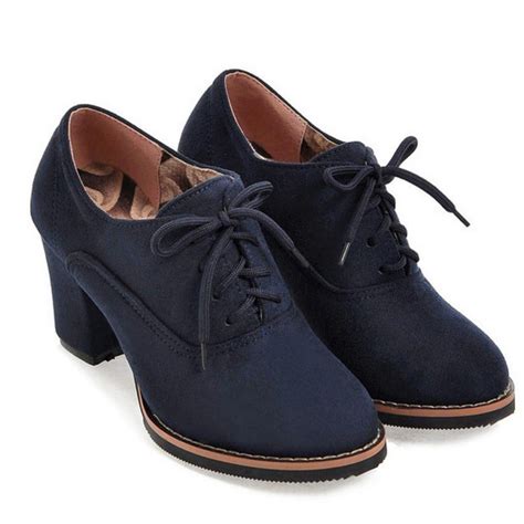 Blue Navy Suede School Lace Up High Heels Oxfords Shoes High