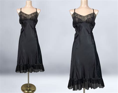 Vintage 50s Black Satin Full Slip By Barbizon Encore Sz 16 Plus Size