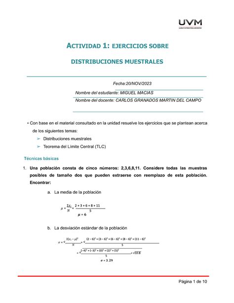 Actividad 1 Distribuciones Muestrales A Ctividad 1 Ejercicios Sobre Distribuciones Muestrales