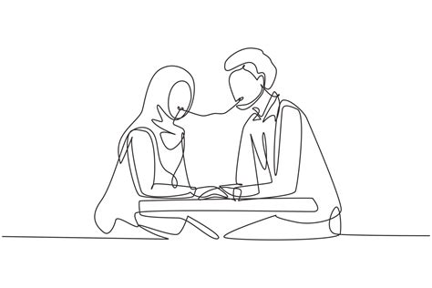 Continuous One Line Drawing Young Arabian Couple Eating Spaghetti