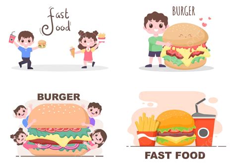 Gambar Set Ilustrasi Vektor Latar Belakang Makanan Cepat Saji Dengan Makanan Untuk Burger