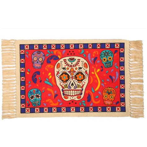 Day Of The Dead Cotton Placemat Calavera Sugar Skull On Red Chile Mojo