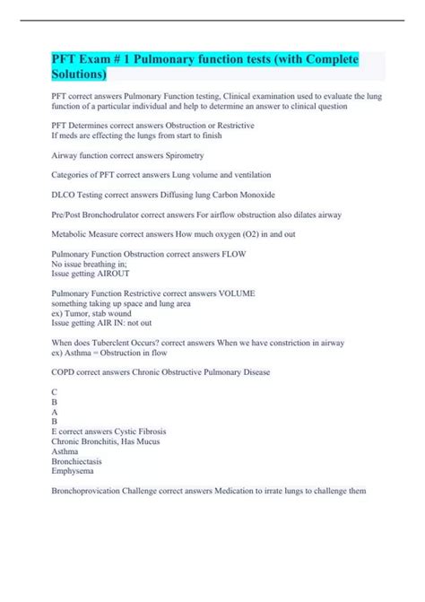 PFT Exam 1 Pulmonary Function Tests With Complete Solutions PFT