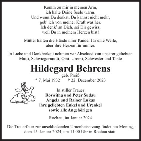 Traueranzeigen Von Hildegard Behrens Abschied Nehmen De