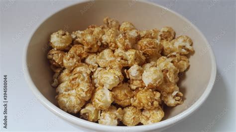 Caramel Popcorn In Bowl Isolated On White Background Popcorn Popped