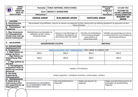 Daily Lesson Log In Filipino Pang Araw Araw Na Tala Sa Pagtuturo