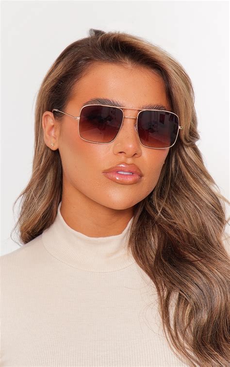 Gold Metal Square Frame Aviator Sunglasses Accessories Prettylittlething Usa