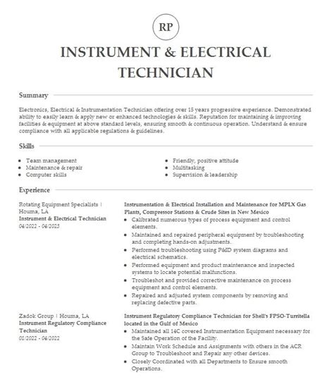 Instrument Electrical Technician Resume Example