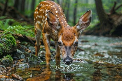 Premium Photo | Young Deer Drinking Water in Forest Stream