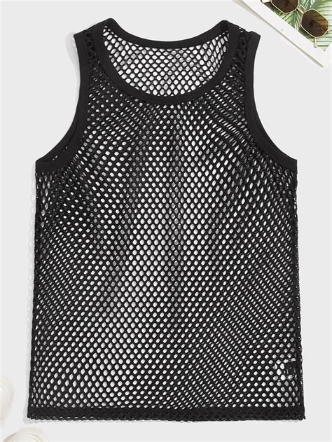 Black Street Sleeveless Mesh Plain Embellished Non Stretch Summer Men