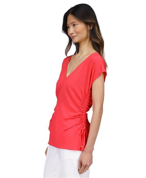 Michael Kors Womens Solid Ruched V Neck Top Macys