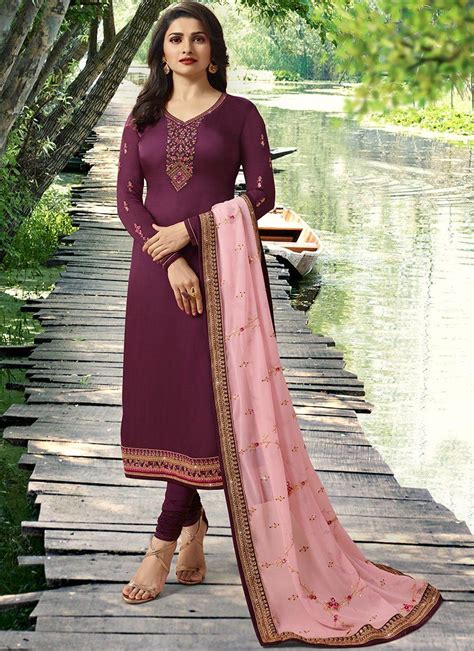 Purple And Light Pink Satin Georgette Churidar Suit Dress Materials