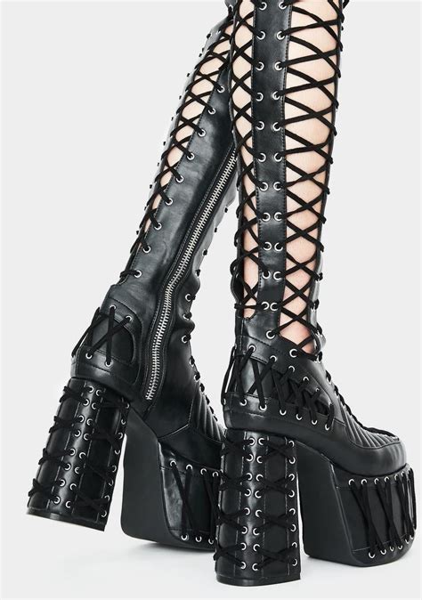 Club Exx Thigh High Lace Up Platform Boots Black Thigh High