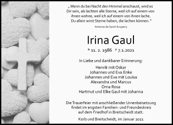 Traueranzeigen Von Irina Gaul Rz Trauer De