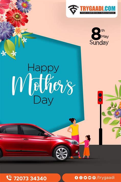 A Red Car Parked In Front Of A Blue Sign That Says Happy Mothers Day