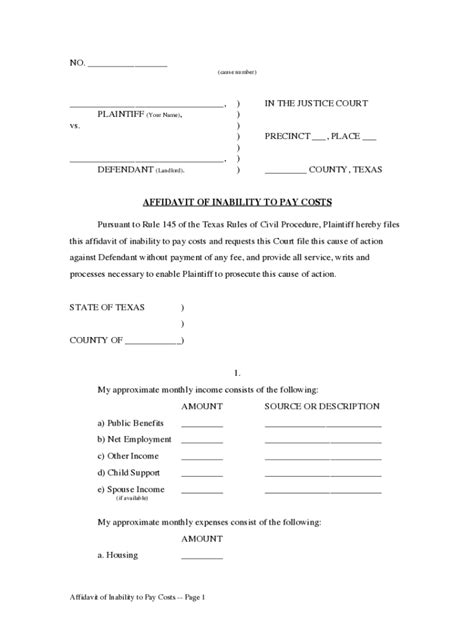 Affidavit Of Inability To Pay Divorce Texas Fill Online Printable