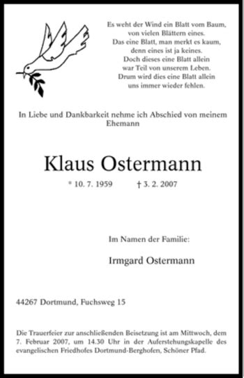 Traueranzeigen Von Klaus Ostermann Trauer In Nrw De