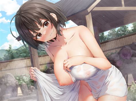 Rule 34 Ahoge Bangs Bathing Blue Sky Blush Breast Hold Breasts Brown