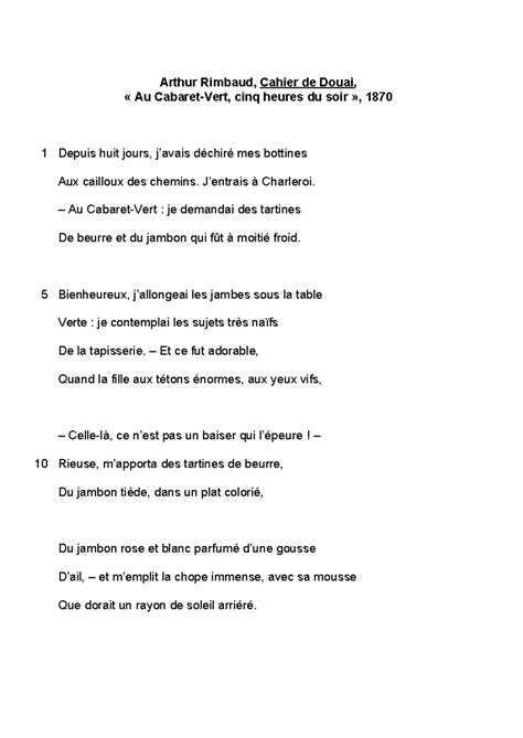 Rimbaud Au Cabaret Vert Txt Arthur Rimbaud Cahier De Douai Au