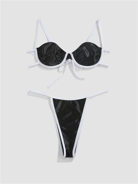 Contrasting Trim Underwire Bikini Swimsuit Cider