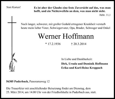 Traueranzeigen Von Werner Hoffmann Rz Trauer De