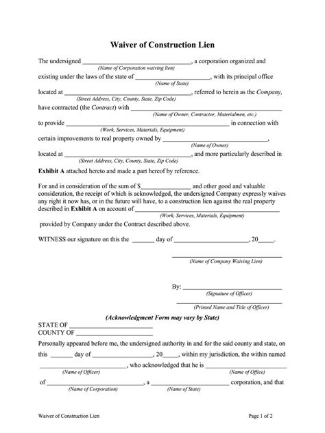 Printable Construction Waiver Form Printable Forms Free Online