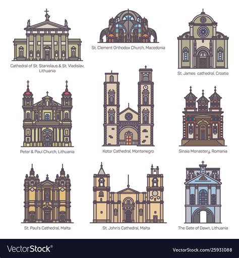 Set isolated color churches europe Royalty Free Vector Image