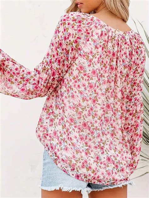 Allover Floral Print Lantern Sleeve T Shirt Top Shein Usa