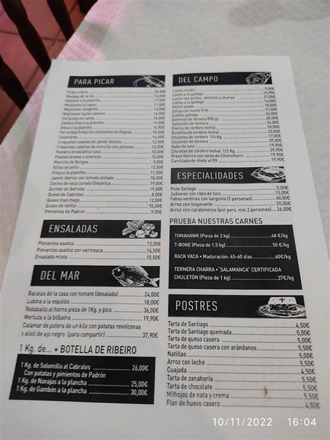 Carta del restaurante Mesón Gallego OCarro Boadilla del Monte Calle