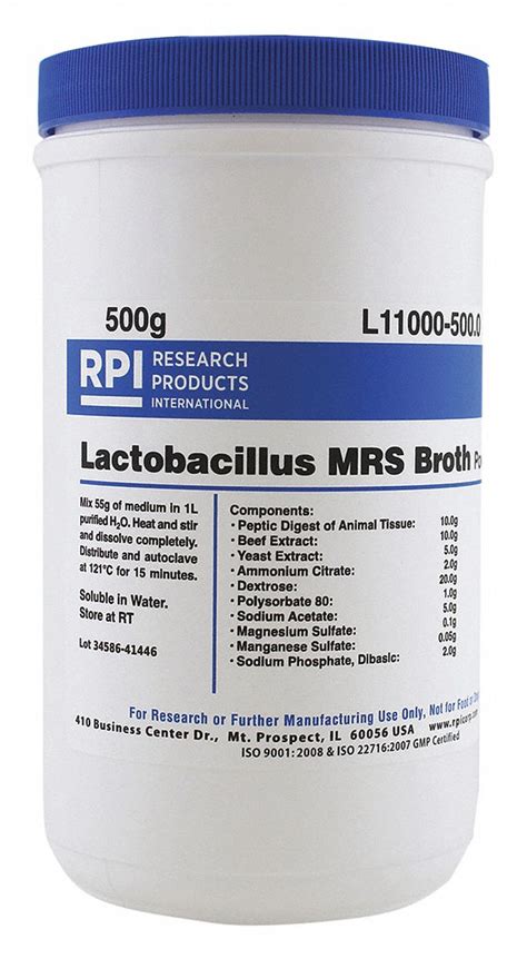 Rpi Lactobacillus Mrs Broth Powder 500 G 1 Ea 31fz14l11000 5000 Grainger