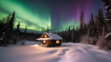 Cozy Winter Cabin Under Northern Lights Snowy Retreat With Aurora