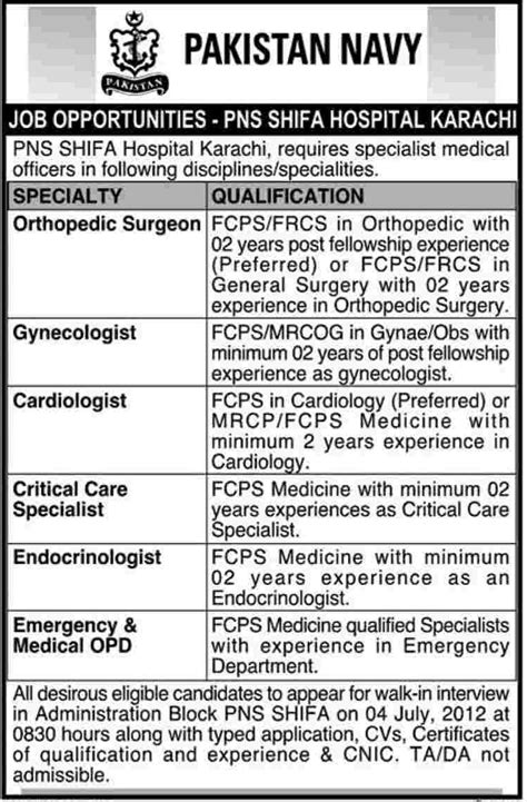 PNS Shifa Hospital Requires Specialist Doctors (Govt. job) (Pakistan ...